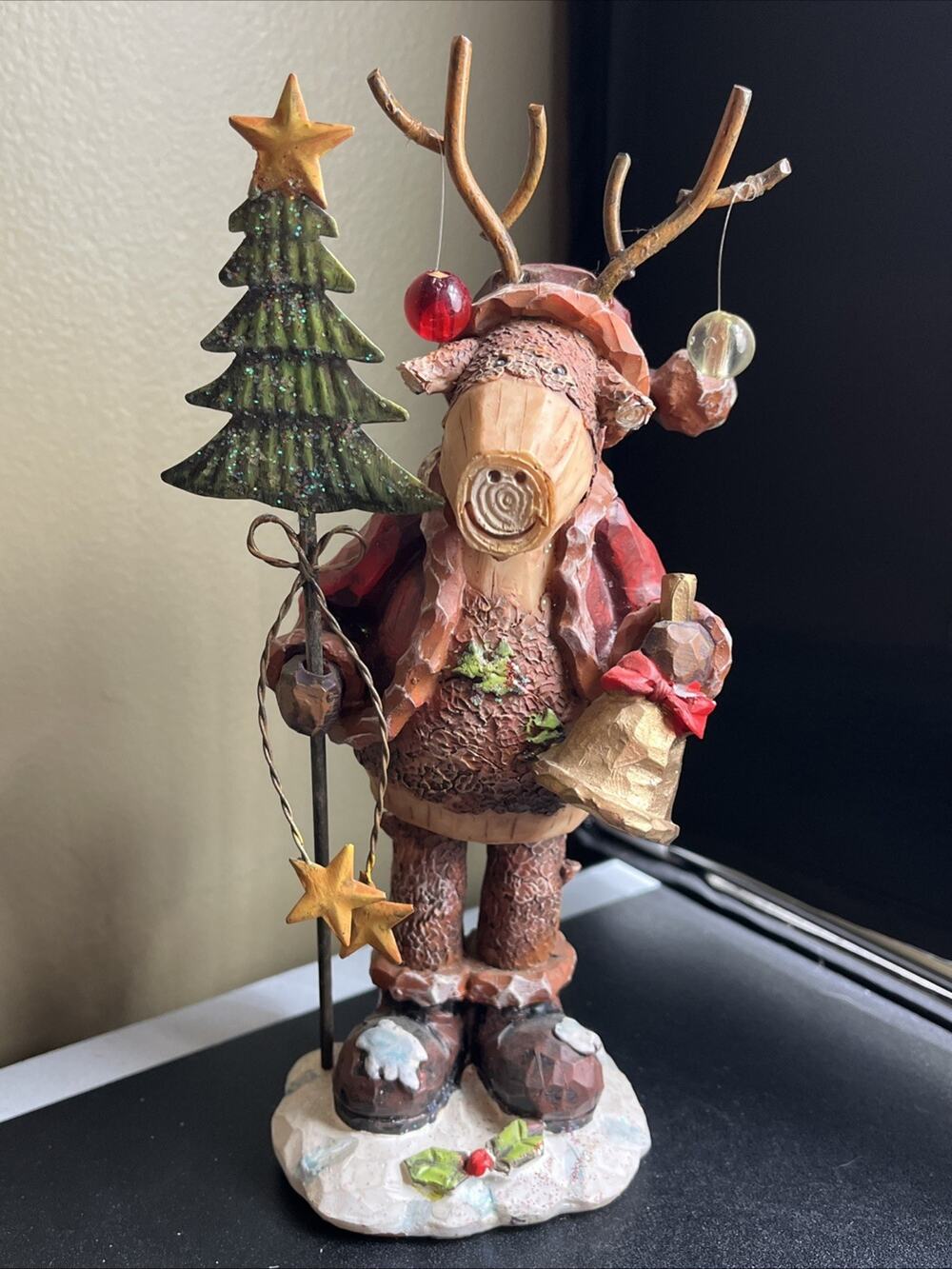Darice Rustic Resin Moose Santa Christmas Figurine 8.5" Carved Wood Look Decor